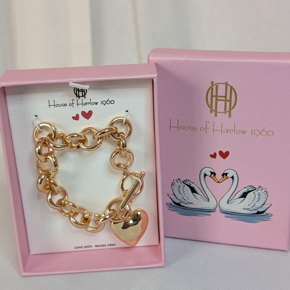 House of Harlow 1960 Gold chunky Chain Bracelet with Heart Charm - Picture 3 of 3